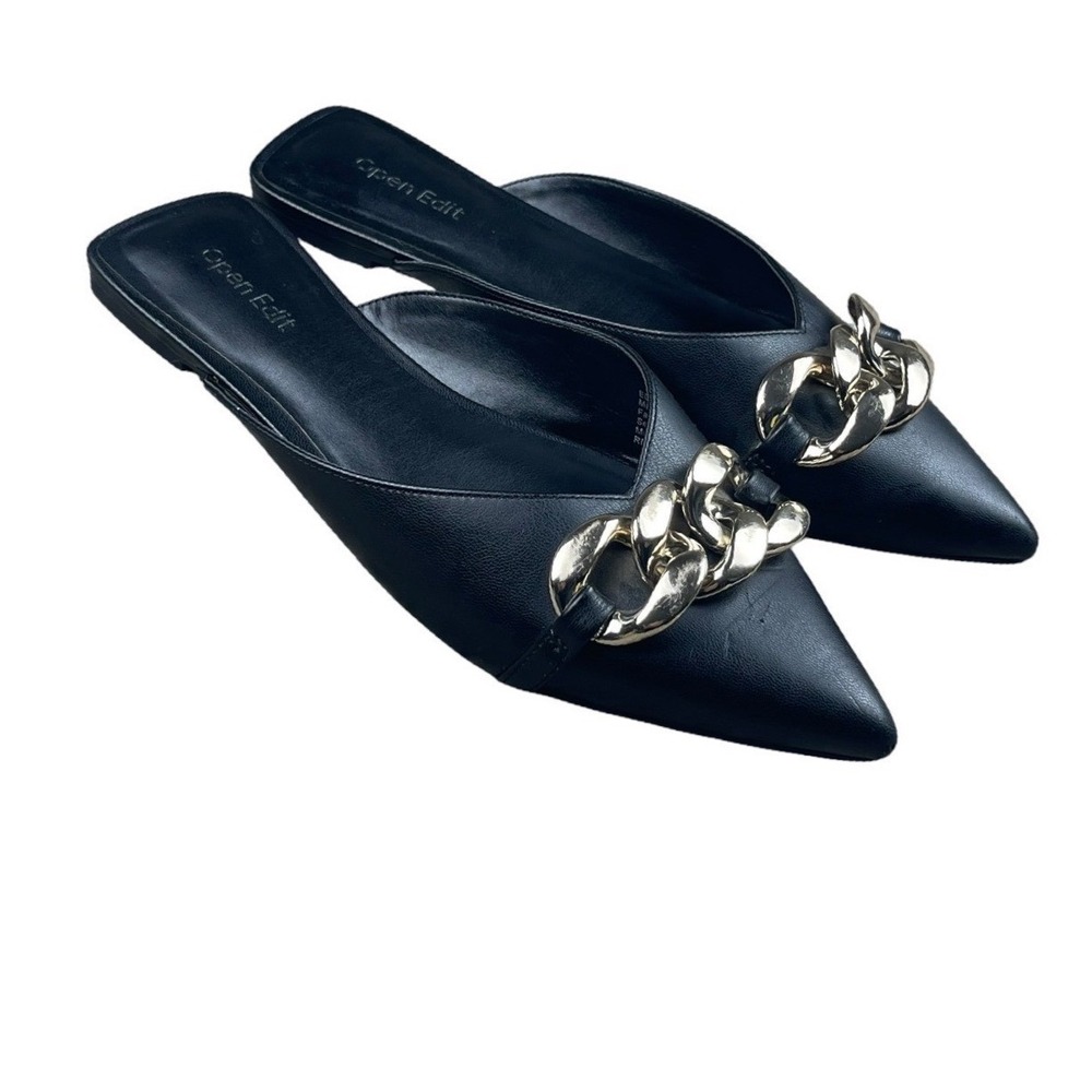 Open Edit Women Black Pointed Toe Mule Seven Gold Chunky Chain‎ Link EDKRISTINA